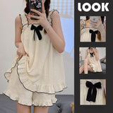 Dermearne 2 Pajama Sets Women Sleeveless Bow Summer Cool Sweet Sleepwear Princess Soft Comfortable Loungewear Tender Girlish Cozy Homewear