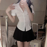 White Shirts for Women Korean Style Slim Fit Short Sleeve Cropped Blouse Ladies Preppy Style Student Turndown Collar Shirt