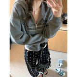 Women Cropped Hoodies Vintage Y2k Korean Style Zip Up Sweatshirts Sweet Bow Embroidery Casual Cotton Hoodies Harajuku