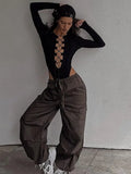 Ribbed Knitted Long Sleeve Tie Up Sexy Bodysuit Bandage Patchwork Bodycon Club Party Body Women Outfit High Waist Top