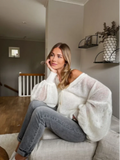 Women Elegant Solid Knitted Cardigan Fashion V Neck Single-breasted Long Bubble Sleeves Loose Sweater 2024 New Casual Streetwear