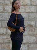 Knit Off-Shoulder Slim Maxi Dress For Women Patchwork Fashion Long Sleeve Hollow Out Knitwear Dress Summer Party Dress New