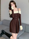 Elegant Chic Dress for Women Single Breasted Off-shoulder High Waist Knitted Maxi Dress Autumn Winter New A Line Dresses