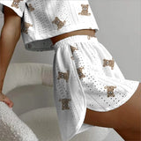 Dermearne Women's Print Pajamas Set Summer Casual Women's Short Sleeve Tops Shorts Sleepwear 2 Piece Set Loose Round Neck Home Loungewear