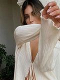 Women Pleated Plain Shirts Spring Fall Chic Long Flare Sleeve V- Neck Tie Up Cardigans Tops for Casual Party Street