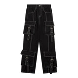 Dermearne American Retro Dopamine Wear With Women Multi Pocket Cargo Pants Line Decoration With All Straight Leg Loose Wide Leg Jeans