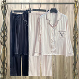 Women's Pajama Pocket V Embroidered Pajama Set Satin Comfortable Long Sleeve Button Pajama Lounge Pant for Women Sleepwear