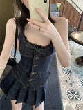 American Style Outfits 2 Piece Skirt Set Korean Single Breasted Denim Halter Tops + Women Fashion Sexy Pleated Skirt Hot Girls