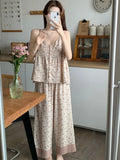 Summer Floral Suspender V-neck Tops+Loose Pants Two-Piece Pajama Set Women's Casual Simple Thin Home Sleepwear With Chest Pads