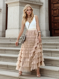 Dermearne Solid Multilayer Ruffle Mesh Skirt Women Boho High Waist Long Maxi Tulle Skirt Spring Summer Party Women's Clothing