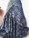 Elegant Lace Asymmetrical Skirt Women Vintage Y2K Boho High Waist Hollow Mesh Patchwork Layered Maxi Skirts Lady Holiday Outfits