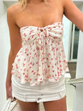 Dermearne Strapless Off Shoulder Ruched Tube Tops Women Front Tie-up Ruffles Summer Party Clubwear Tank fLORAL pRINT Mini Vest