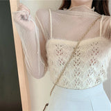 Dermearne  Sexy Women Mesh T-Shirts Transparent Lace Blouse Long Sleeve See Through Tops For Women O Neck Sheer Tees Chiffon Crop Top