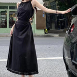 Summer Solid Color Casual Halter Cut-out Sleeveless Tassel Hem Holiday Beach Party Women Long Dress Black/White