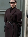 Dermearne 2024 Autumn Elegant woolen Double-breasted Lapel Woolen Overcoat Women With Pockets Long Sleeves Casual Coats Lady Streetwear
