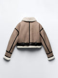 DERMEARNE Streetwear Women Retro Loose Spliced Faux Leather Soft Fur Short Jacket Winter Female Zipper Belt Coat Vintage Outwear