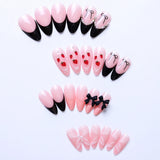 24pcs press on nails short almond bowknot black press on nails white pearl strawberrie sweet french tip press on nails cute nail