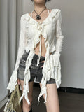 New Vintage Hollow Out Micro Through Long Sleeve Blouse Ruffle Slim-fit and Skinny-proof T-shirt Blusas De Chifon Elegantes