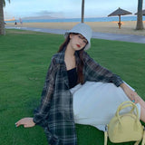 Lucyever Plaid Shirt for Women Summer 2024 New Thin Loose Sun Protection Blouse Female Harajuku Vintage Buttons Chiffon Shirts