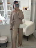 DERMEARNE Women's Solid Pajama Style Sets Casual Lace Up Long Sleeve V-neck Loose Shirt Tops Female Elegant Elastic High Waist Pants