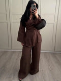 DERMEARNE Casual Solid Lace Up Women Trouser Suits V-neck Loose Shirt High Waist Pants Spring Summer New Fashion Female 2 Pieces Sets