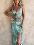 Y2K Women Summer Tube Top Long Skirt Set Slim Fit Sleeveless Floral Vest Split Casual Long Skirts Sexy Outfits