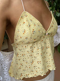 Women Halter Neck Cami Tops Sleeveless Floral Print Camisole Spaghetti Strap Backless Yellow Shirts Streetwear