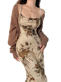 Women Backless Maxi Dress Floral Print Spaghetti Strap Bodycon Y2K Long Dress Low Cut Fishtail Dress for Women