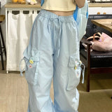 Blue Sweet Japanese Versatile Trend Embroidered Casual  Trousers Women Summer High Waist Loose Multi Pocket Wide Leg Cargo Pants