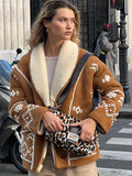 Printed Turn-down Collar Lambswool Coats Women Retro Long Sleeve Brown Button Thick Jacket Coat Female Autumn Elegant Outwear