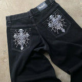 Y2K trendy retro classic pocket skull pattern straight denim trousers summer American Gothic washed wide-leg denim loose pants