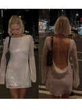 Dermearne Sequins Backless Mini Dresses Women Sexy O-neck Long Flare Sleeve Sparkly Party Dress 2024 Autumn New Lady Night Club Vestido