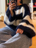 Dermearne Mohair Stripe Knit O-neck Women's Pullovers Lantern Sleeve Oversized Loose Sweater  Autumn Casual Office outerwears