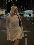 Dermearne Sequins Backless Mini Dresses Women Sexy O-neck Long Flare Sleeve Sparkly Party Dress 2024 Autumn New Lady Night Club Vestido