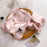 Women's Solid Satin Pajamas Set Short Sleeve Top And Shorts Sleepwear 2 Piece Set For Women Home Casual Lace Silk Loose Suit