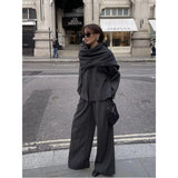 Dermearne Women Fashion Scarf Decorated Woolen Jacket Casual Solid Long Sleeve Loose Warm Overcoat Autumn Winter New Lady Chic Coat