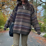 Women s Vintage Striped Print Sweater Round-Neck Long Sleeve Fall Loose Pullover Jumper Tops