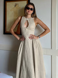 Dermearne Single Button Chest Hollowed Out Midi Dress For Women Side Pleated Sleeveless Mid Length Linen Dress New Summer Sundress 2024