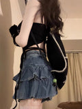 Summer Women Japanese Fashion 2000s Cutecore Denim Mini Skirt Gyaru Coquette Chic Y2k Harajuku Design Chic Culottes Ballet Core