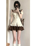 2000s Vintage 2 Piece Sets Women Lace Short Sleeve Cardigan Blouse Women+ Sexy Slim Camisole Dress 2024 Japanese Y2k Dress Suits