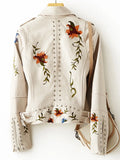 New Women Retro Floral Print Embroidery Faux Soft Leather Jacket Coat Turndown Collar Pu Moto Biker Black Punk Outerwear