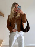 Vintage Brown Women's Lapel Suede Leather Jacket Fashion Single Breasted Pockets Slim Coat 2024 New Female Autumn Chic Outerwear