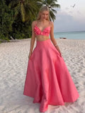DERMEARNE Summer Sexy Sleeveless Vest Maxi Skirt Two Pieces Set Women Elegant Flower Decor Crop Tops Skirts Suits Lady Vacation Party Gown