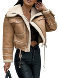 Women Vintage Faux Fur Leather Jacket Faux Fur Open Front Fashion Casual Furry Collar Short Parka Coat Warm Cardigan with Belt