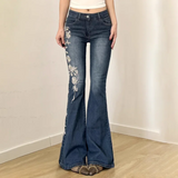 DERMEARNE Retro Y2k Jeans Baggy Floral Embroidery Jeans Women Vintage 2000s Low Rise Flared Denim Pants High Street Basic Trousers