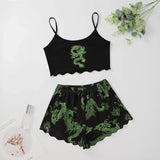 Women's 2pcs Cute Soft Comfy Dragon Print Pajamas Set Animal Sleepwear Sleeveless Shoulder Strap Nightgless Cute  Top And Shorts