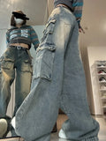 Woman High Waist Multi Pockets Jeans Design High Street Patchwork Cargo Pants Female Hip Hop Washed Loose Retro Punk Trousers