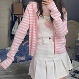Spring Pink Cardigans Women Striped Knitted Tops Long Sleeve Zipper Thin Stretchy Hooded Sweater Harajuku Kawaii Clothes