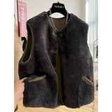DERMEARNE Fleece Waistcoats for Women Plush Vest O-neck Casual Sleeveless Cardigans Korean Style Suede Lambhair Jackets Loose Women Tops