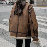 Dermearne Women Warm Winter Faux Fur Suede Leather Lambswool Spliced Parkas Coat Shearling Bomber Jacket Zipper Sheepskin Moto Outwear